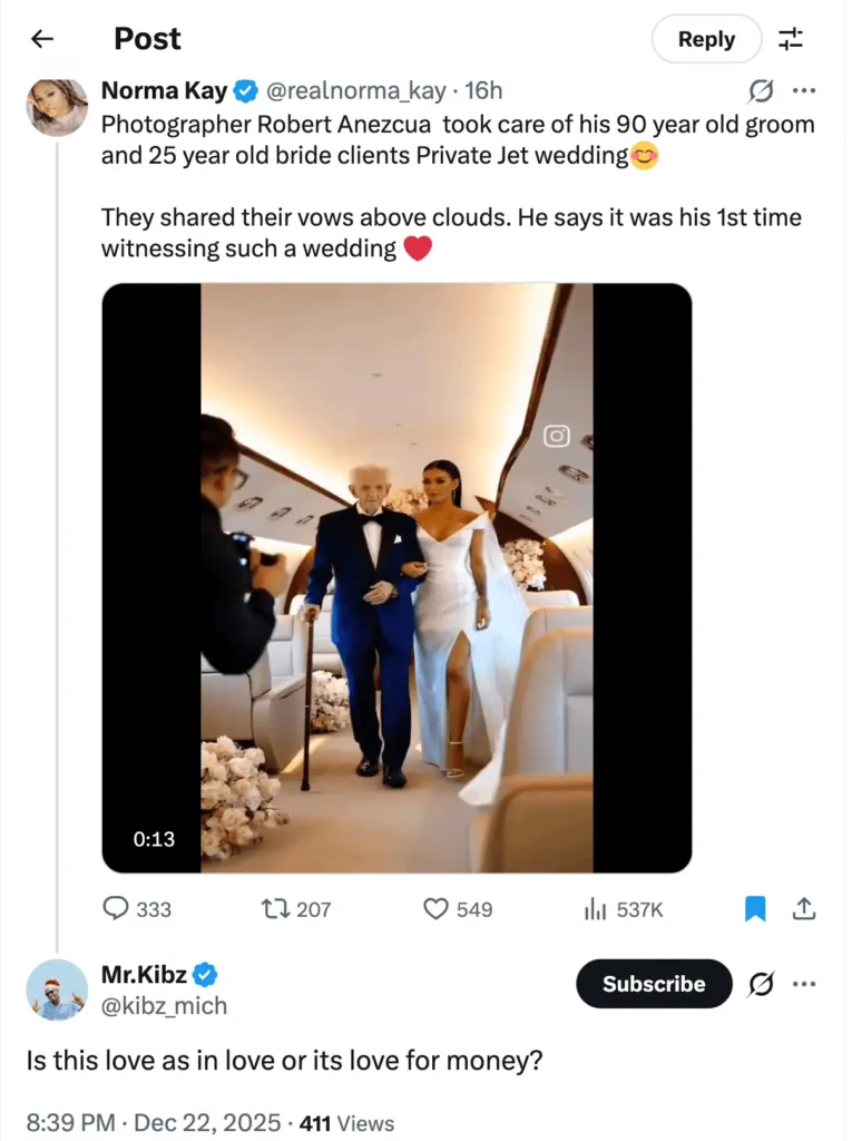 90-year-old groom weds 25-year-old bride on private jet, viral age gap marriage moment